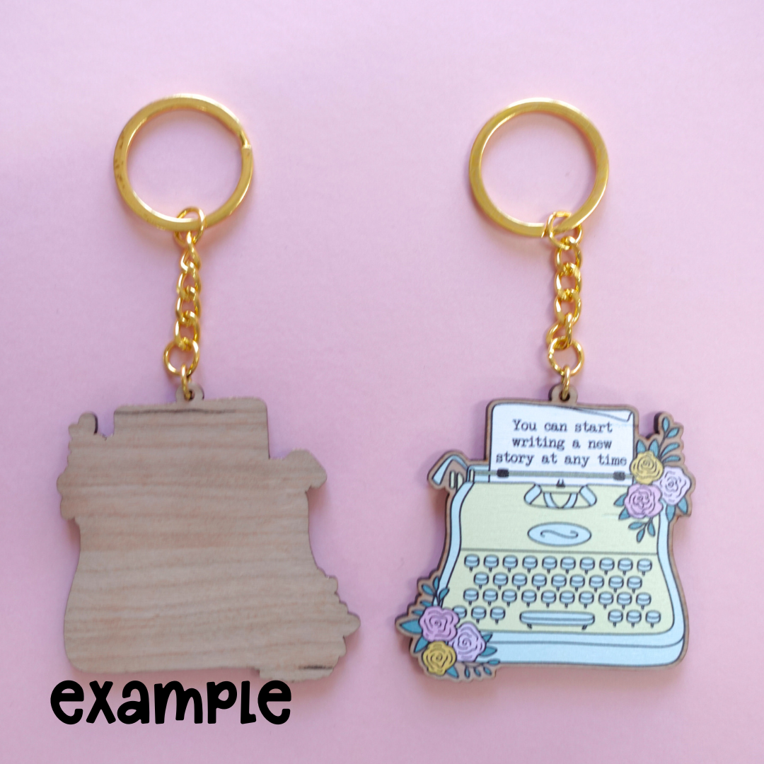 SECONDS Typewriter Wooden Keyring - Start a New Story