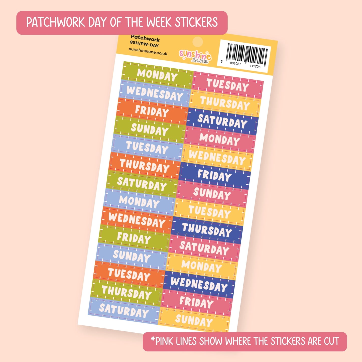 Patchwork Days of the Week Sticker Sheet - Monday to Sunday Header Stickers
