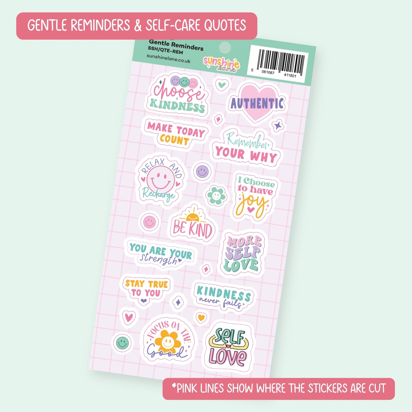 Gentle Reminders Self-Care Sticker Sheet - Affirmation & Mindful Journaling Stickers