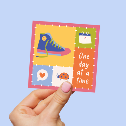 One Day At A Time Patchwork Die-Cut Sticker - Retro Sneaker Self-Care Vinyl Sticker