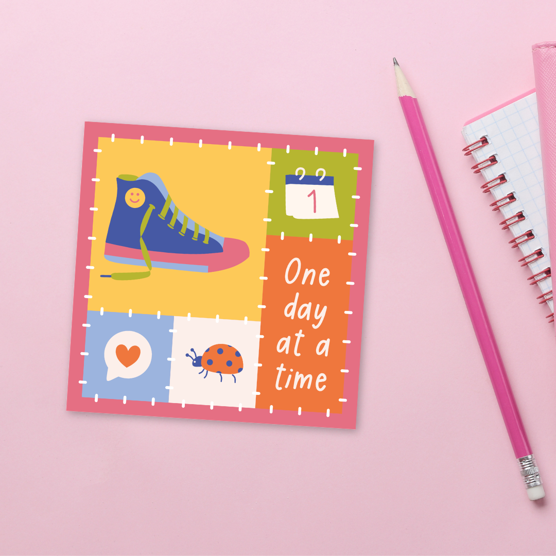 One Day At A Time Patchwork Die-Cut Sticker - Retro Sneaker Self-Care Vinyl Sticker