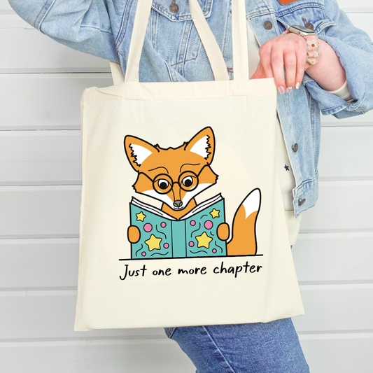 One More Chapter Bookish Tote Bag ft. Maple the Fox